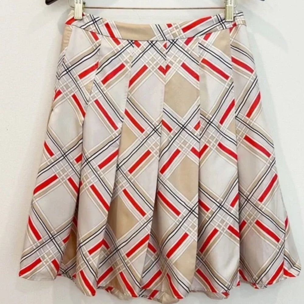 GAP Womens 100% Silk Pleated A-Line Skirt Geometric Plaid Knee Length Size 8